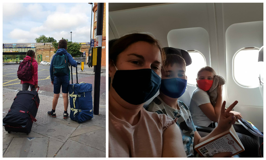 Alex and Sophie pulling huge suitcases to the station in Herne Hill and then on the plane wearing masks.