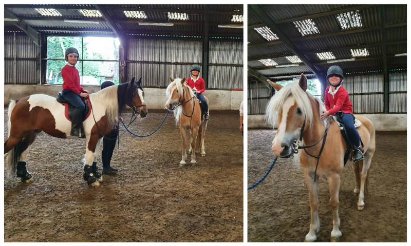 Sophie and Alex sitting on brown and white horses